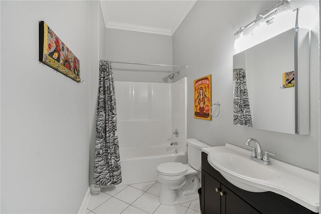 439 S Clark St, New Orleans, LA 70119 - bathroom with ornamental molding, vanity, toilet, shower / bathtub combination with curtain, and tile patterned floors