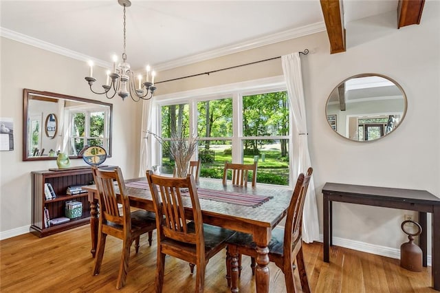511 Beau Chene Dr, Mandeville, LA 70471 - dining area featuring wood finished floors, baseboards, crown molding, a chandelier, and beamed ceiling