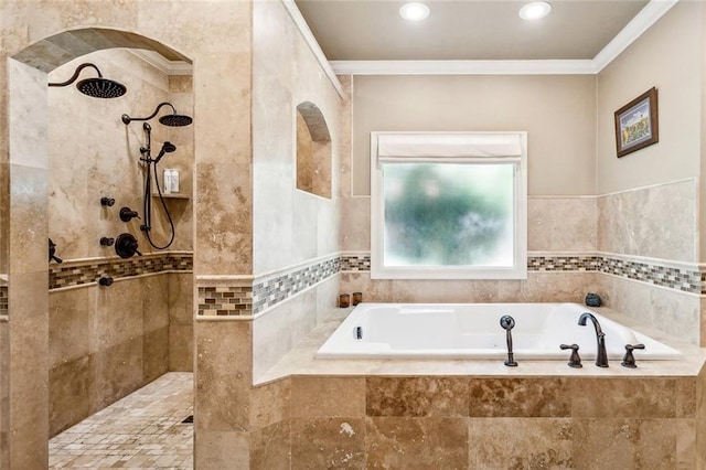 511 Beau Chene Dr, Mandeville, LA 70471 - full bathroom featuring a bath, walk in shower, ornamental molding, and recessed lighting