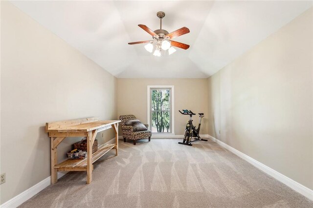 511 Beau Chene Dr, Mandeville, LA 70471 - sitting room with carpet floors, ceiling fan, baseboards, and lofted ceiling