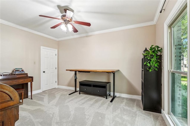 511 Beau Chene Dr, Mandeville, LA 70471 - miscellaneous room featuring light carpet, ornamental molding, a ceiling fan, and baseboards