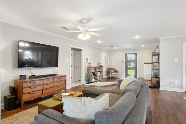 4709 Kawanee Ave, Metairie, LA 70006 - living area with dark wood-type flooring, crown molding, baseboards, a ceiling fan, and recessed lighting