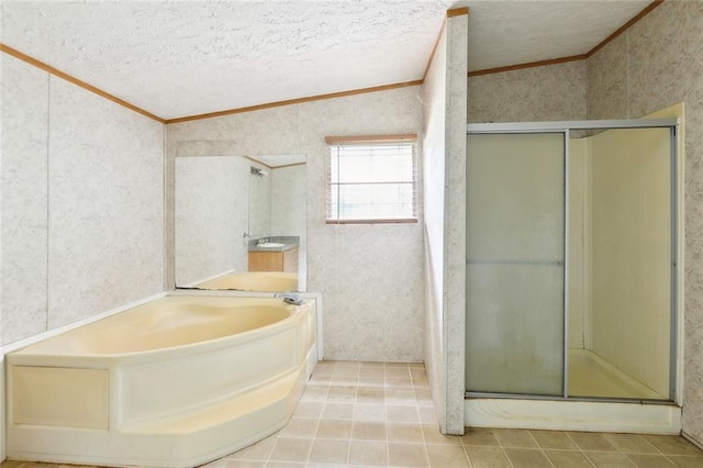 16940 Gunboat Landing Rd, Livingston, LA 70449 - bathroom featuring wallpapered walls, ornamental molding, a stall shower, a bath, and tile patterned floors