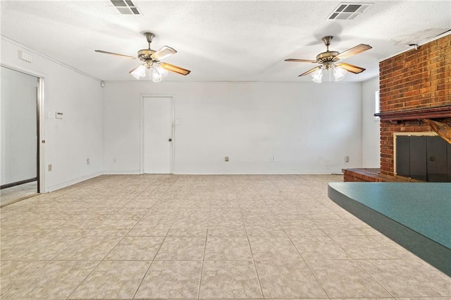1816 Giuffrias Ave, Metairie, LA 70001 - unfurnished living room with a ceiling fan, a brick fireplace, a textured ceiling, and light tile patterned floors