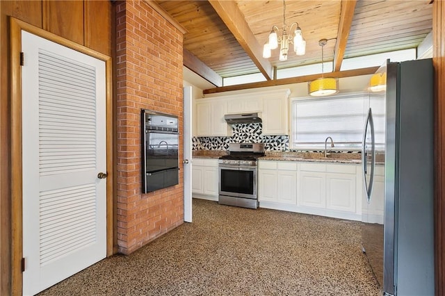 1501 Poinsettia Dr, Metairie, LA 70005 - kitchen with stainless steel appliances, wooden ceiling with exposed beams, under cabinet range hood, a chandelier, and decorative backsplash