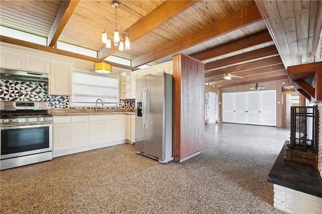 1501 Poinsettia Dr, Metairie, LA 70005 - kitchen featuring appliances with stainless steel finishes, under cabinet range hood, wooden ceiling with exposed beams, decorative backsplash, and a chandelier