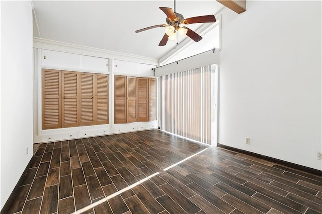 1501 Poinsettia Dr, Metairie, LA 70005 - unfurnished bedroom with lofted ceiling, wood finish floors, a ceiling fan, and baseboards