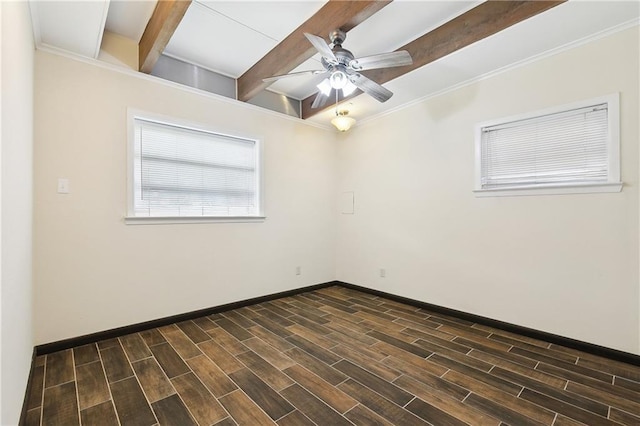 1501 Poinsettia Dr, Metairie, LA 70005 - unfurnished room with beam ceiling, a ceiling fan, baseboards, dark wood-style flooring, and ornamental molding