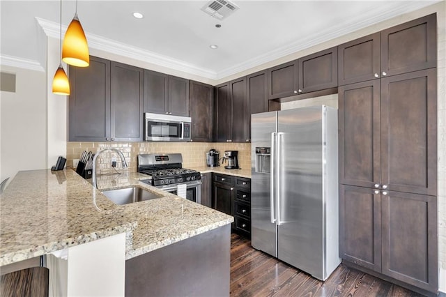 220 Decatur St Unit 304, New Orleans, LA 70130 - kitchen with stainless steel appliances, a sink, a peninsula, dark wood-type flooring, and dark brown cabinets