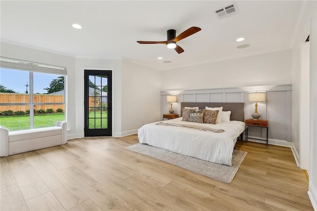 4721 Chastant St, Metairie, LA 70006 - bedroom featuring light wood-style floors, crown molding, baseboards, a ceiling fan, and recessed lighting