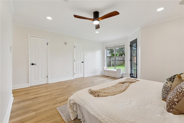 4721 Chastant St, Metairie, LA 70006 - bedroom with light wood finished floors, access to exterior, recessed lighting, baseboards, and a ceiling fan