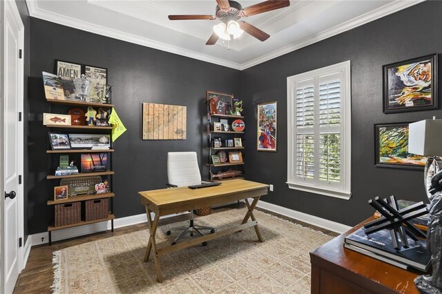247 26th St, New Orleans, LA 70124 - office area featuring wood finished floors, ceiling fan, crown molding, and baseboards