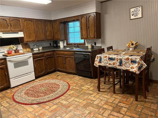 10311 Gatlin Rd, Hammond, LA 70403 - kitchen featuring dishwasher, electric stove, under cabinet range hood, brick flooring, and a sink