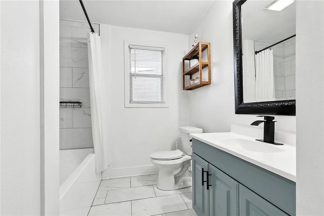 67 Cochrane Dr, Chalmette, LA 70043 - full bath featuring marble finish floors, vanity, toilet, shower / tub combo, and baseboards