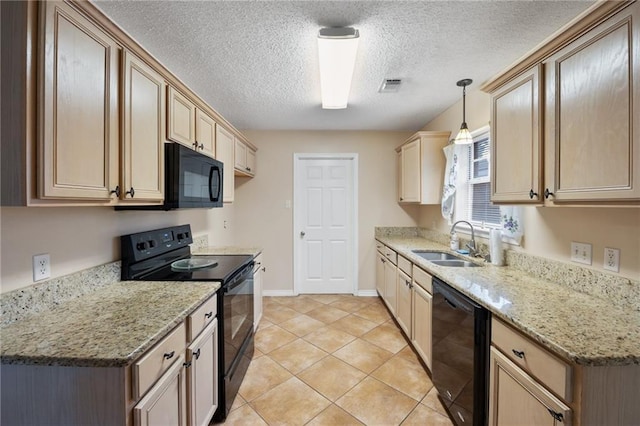 374 E Suncrest Loop, Slidell, LA 70458 - kitchen with black appliances, a sink, baseboards, a textured ceiling, and light stone countertops