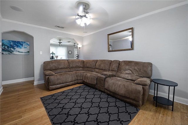 3620 Arizona Ave, Kenner, LA 70065 - living room with a ceiling fan, baseboards, wood finished floors, and ornamental molding