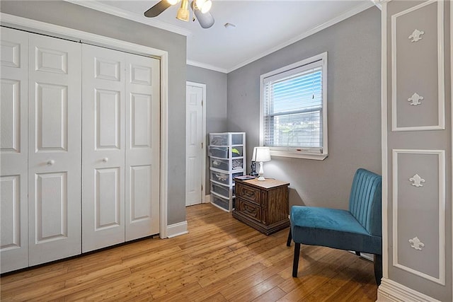 3620 Arizona Ave, Kenner, LA 70065 - sitting room with light wood-style floors, crown molding, ceiling fan, and baseboards