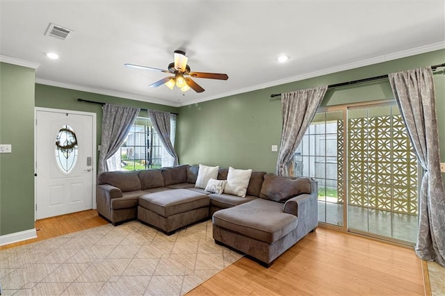 228 W Kenilworth-A St, New Orleans, LA 70124 - living room featuring a ceiling fan, light wood-style floors, ornamental molding, recessed lighting, and baseboards