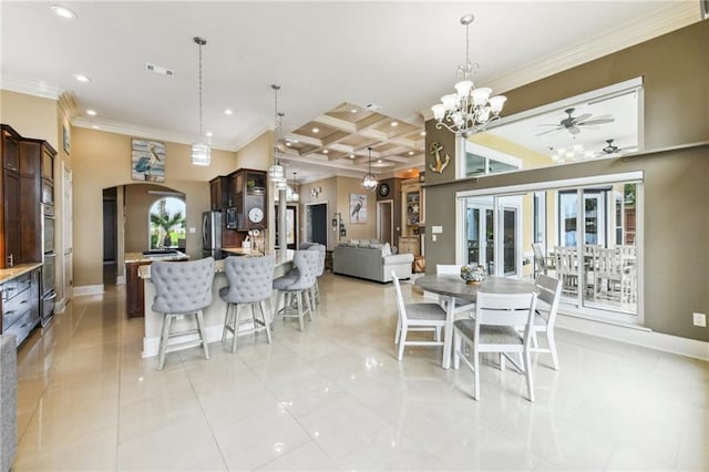 2097 S Lakeshore Blvd, Slidell, LA 70461 - dining space with coffered ceiling, a ceiling fan, recessed lighting, crown molding, and baseboards