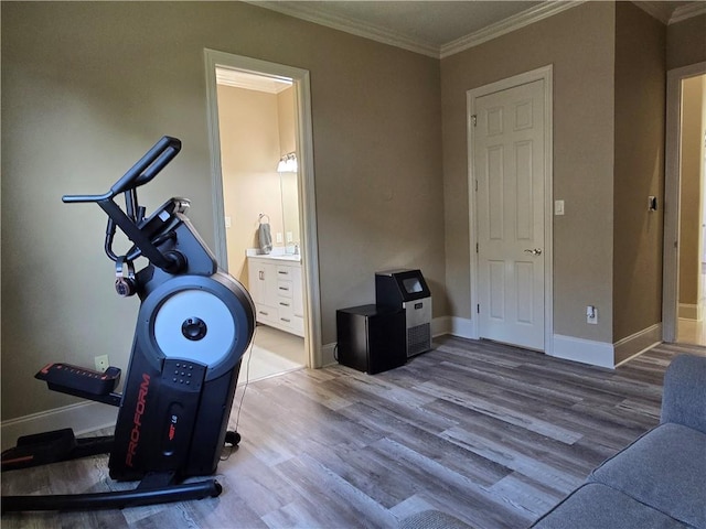 2097 S Lakeshore Blvd, Slidell, LA 70461 - exercise room featuring wood finished floors, crown molding, and baseboards