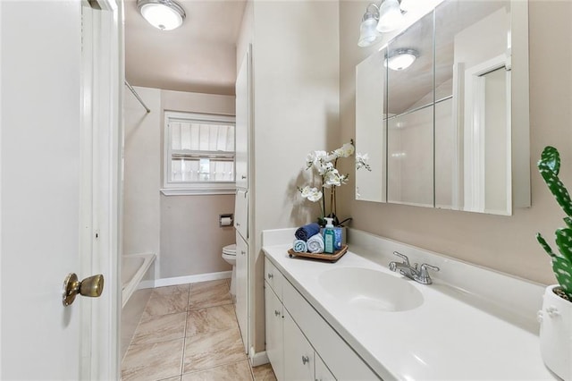 6301 Schouest St, Metairie, LA 70003 - bathroom with vanity, toilet, marble finish floors, shower / tub combination, and baseboards