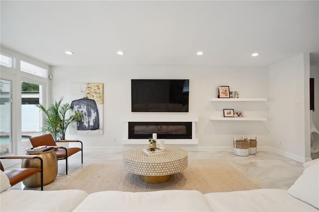 5537 Cherlyn Dr, New Orleans, LA 70124 - living area with recessed lighting, a glass covered fireplace, baseboards, and marble finish flooring