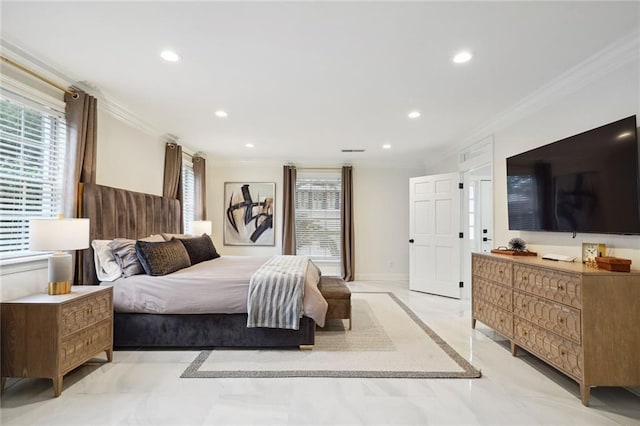 5537 Cherlyn Dr, New Orleans, LA 70124 - bedroom featuring inlaid floor details, ornamental molding, recessed lighting, multiple windows, and baseboards