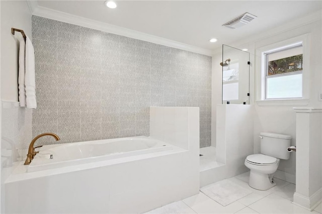 5537 Cherlyn Dr, New Orleans, LA 70124 - full bath featuring toilet, a garden tub, ornamental molding, a walk in shower, and tile patterned flooring