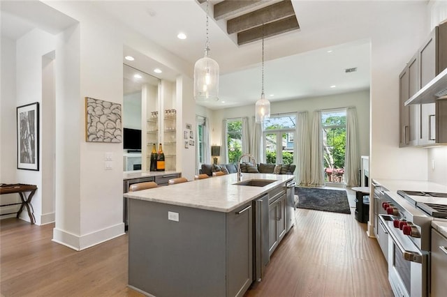 1113 9th St, New Orleans, LA 70115 - kitchen with appliances with stainless steel finishes, a sink, gray cabinets, open floor plan, and recessed lighting