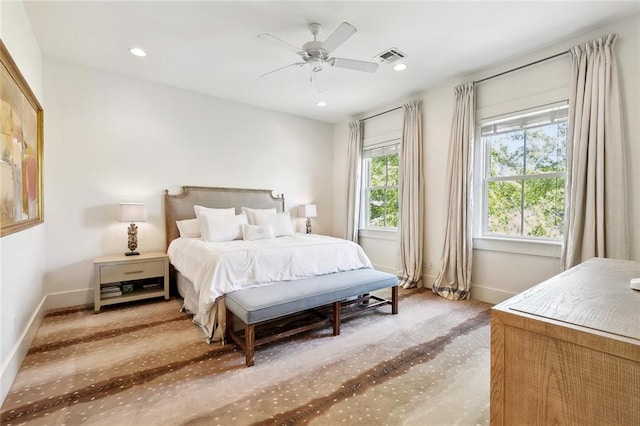 1113 9th St, New Orleans, LA 70115 - bedroom with baseboards, carpet, recessed lighting, and a ceiling fan