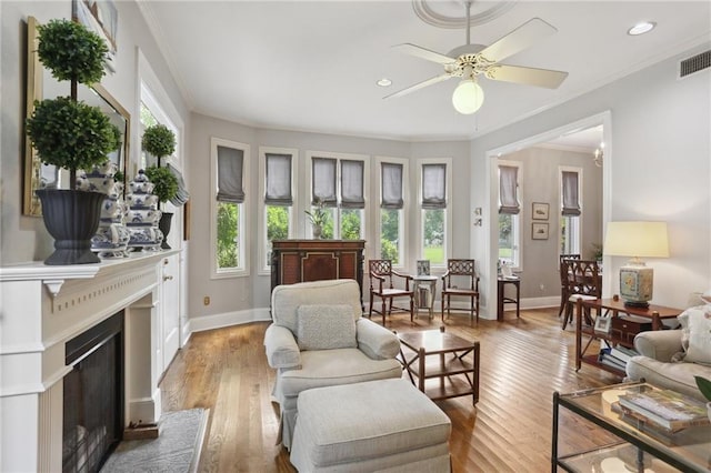 1427 Leontine St New O, Unit New O, New Orleans, LA 70115 - living area with crown molding, ceiling fan, baseboards, light wood finished floors, and a fireplace with raised hearth