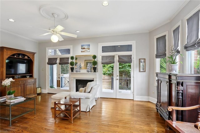 1427 Leontine St New O, Unit New O, New Orleans, LA 70115 - living area featuring wood finished floors, ceiling fan, baseboards, recessed lighting, and crown molding