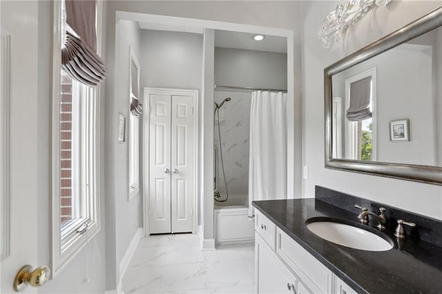 1427 Leontine St New O, Unit New O, New Orleans, LA 70115 - full bath with vanity, marble finish floors, baseboards, and shower / bath combo with shower curtain