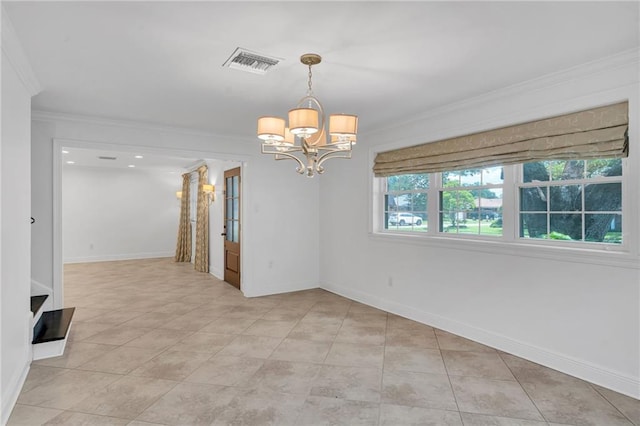 212 Nelson Dr, River Ridge, LA 70123 - spare room featuring a chandelier, crown molding, light tile patterned flooring, and baseboards