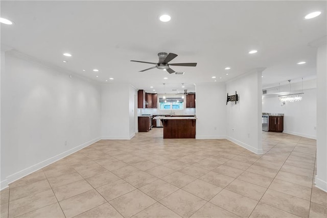 212 Nelson Dr, River Ridge, LA 70123 - unfurnished living room featuring light tile patterned floors, recessed lighting, baseboards, ceiling fan, and crown molding