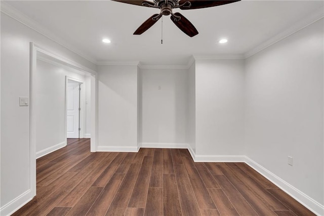212 Nelson Dr, River Ridge, LA 70123 - spare room with dark wood-type flooring, ceiling fan, crown molding, baseboards, and recessed lighting