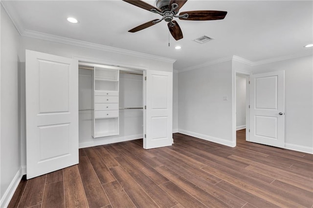 212 Nelson Dr, River Ridge, LA 70123 - unfurnished bedroom with baseboards, wood finished floors, a closet, ornamental molding, and a ceiling fan