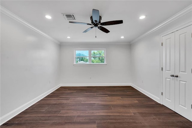 212 Nelson Dr, River Ridge, LA 70123 - spare room with ceiling fan, baseboards, crown molding, dark wood finished floors, and recessed lighting