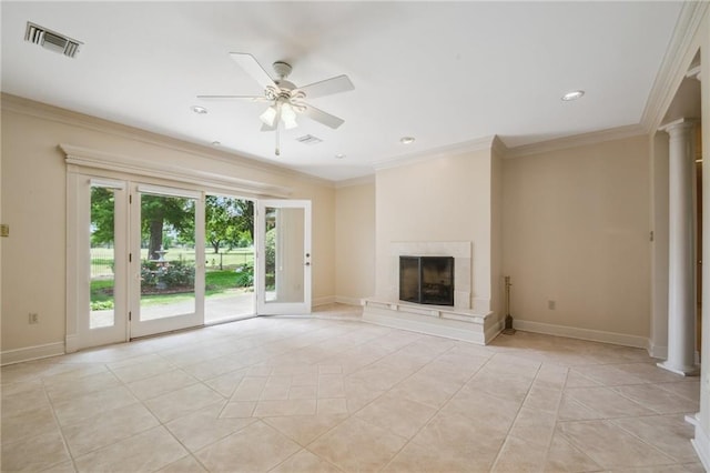 653 Fairfield Ave, Gretna, LA 70056 - unfurnished living room featuring ornate columns, ceiling fan, a fireplace with raised hearth, baseboards, and recessed lighting