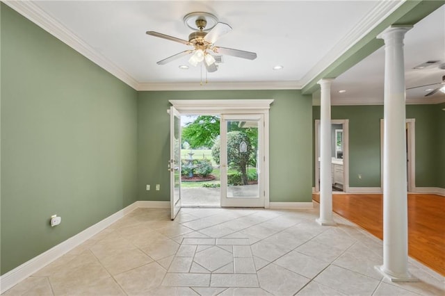 653 Fairfield Ave, Gretna, LA 70056 - unfurnished room with a ceiling fan, ornate columns, crown molding, baseboards, and recessed lighting
