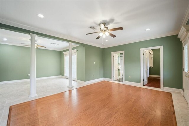 653 Fairfield Ave, Gretna, LA 70056 - unfurnished bedroom with ornate columns, crown molding, recessed lighting, baseboards, and light wood finished floors