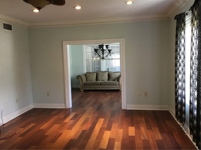 4649 Dart St, New Orleans, LA 70125 - unfurnished room with wood finished floors, crown molding, baseboards, a chandelier, and cooling unit