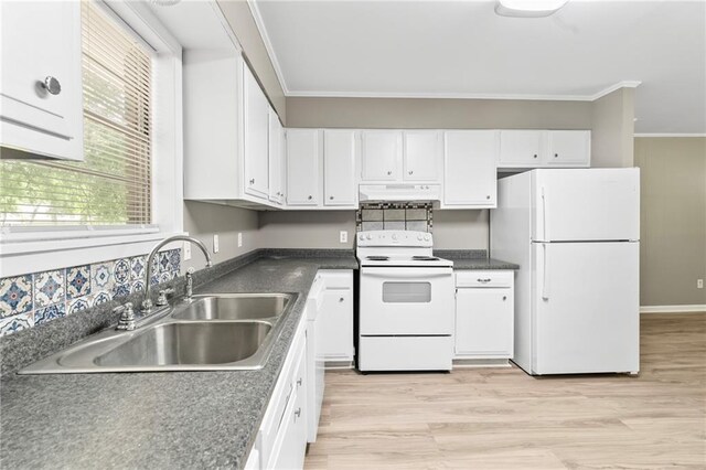 150 Manor Dr, Ponchatoula, LA 70454 - kitchen with white appliances, extractor fan, a sink, white cabinetry, and ornamental molding