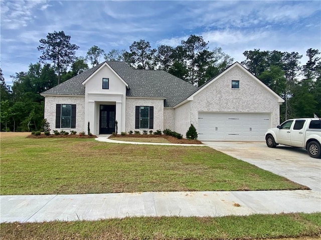 1337 Avenue Lacroix Ave, Lacroix, Covington, LA 70433 - modern farmhouse with french doors, concrete driveway, an attached garage, a front yard, and a shingled roof