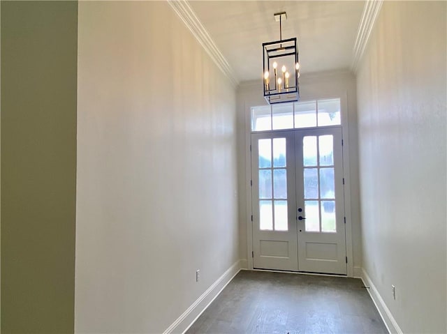 1337 Avenue Lacroix Ave, Lacroix, Covington, LA 70433 - doorway with french doors, crown molding, baseboards, and a chandelier