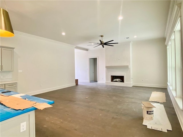 1337 Avenue Lacroix Ave, Lacroix, Covington, LA 70433 - unfurnished living room featuring a ceiling fan, ornamental molding, baseboards, recessed lighting, and a fireplace