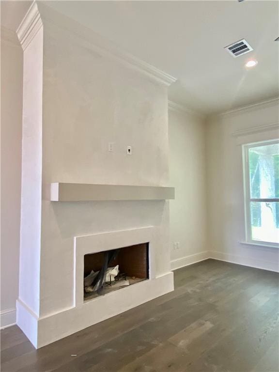 1337 Avenue Lacroix Ave, Lacroix, Covington, LA 70433 - unfurnished living room with crown molding, wood finished floors, baseboards, and a fireplace