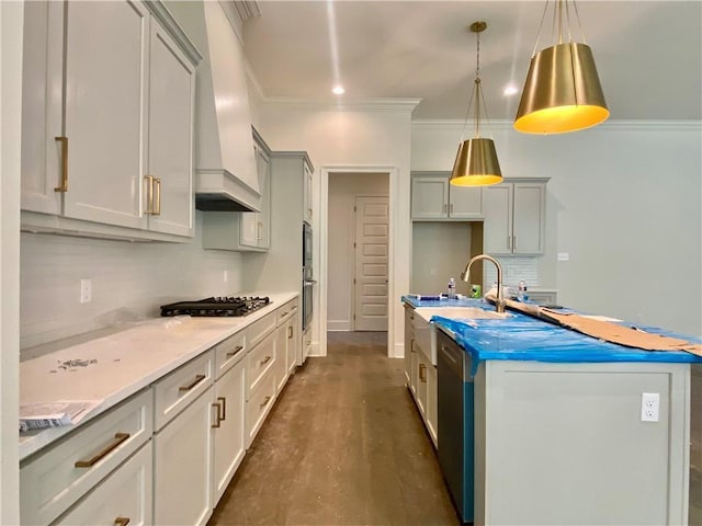1337 Avenue Lacroix Ave, Lacroix, Covington, LA 70433 - kitchen featuring stainless steel appliances, a sink, an island with sink, tasteful backsplash, and premium range hood