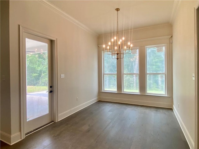 1337 Avenue Lacroix Ave, Lacroix, Covington, LA 70433 - unfurnished dining area featuring a chandelier, dark wood-style flooring, healthy amount of natural light, baseboards, and crown molding