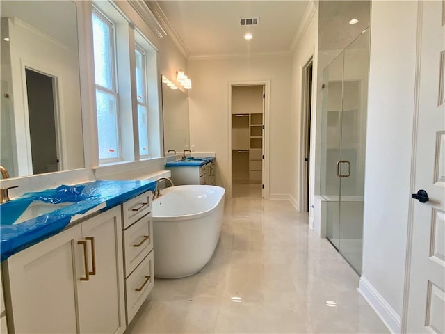 1337 Avenue Lacroix Ave, Lacroix, Covington, LA 70433 - bathroom with a stall shower, vanity, a spacious closet, ornamental molding, and a freestanding tub